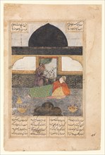 Bahram Gur Visits the Princess of India in the Black Pavilion, Illustration and Text, Persian