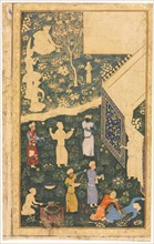 Musicians and Servants Outside a Royal Encampment, c. 1485. Style of Bihzad (Iranian, active