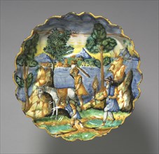 Footed Dish depicting Abraham and Isaac, c. 1525-50. Italy, Urbino, 16th century. Tin-glazed