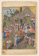 Royal Feast in a Garden, verso of right folio from the double-page frontispiece of a Shah-nama of