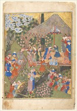 Royal Reception in a Landscape, right folio from a double-page frontispiece of a Shahnama (Book of