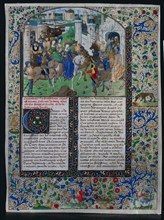 Leaf from Jehan de Courcy's "Chronique Universelle": King Priam Meets Helen and Paris outside the