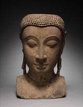 Head of Buddha, 1350-1425. Thailand, Ayutthaya, 14th-15th century. Sandstone and lacquer; overall: