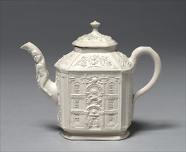 Teapot, c. 1745. Staffordshire Factory (British). Salt-glaze earthenware; with handle: 11.5 x 14.2