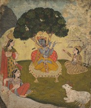 Krishna and Gopis, mid 1800s. India, Rajasthan, Jaipur, 19th century. Color on paper; overall: 14.4