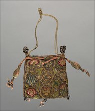 Purse, early 1600s. England, early 17th century. Embroidery; silk and silver filé on linen ground;