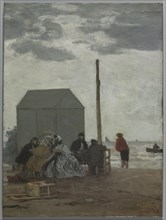 The Beach at Deauville, 1864. Eugène Boudin (French, 1824-1898). Oil on wood panel; framed: 45.7 x