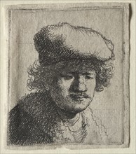 Self-Portrait with Cap Pulled Forward, c. 1631. Rembrandt van Rijn (Dutch, 1606-1669). Etching with