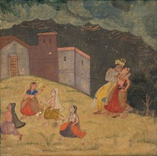 Radha and Krishna Caught in a Storm, c.1615-1620. India, Mughal Dynasty (1526-1756). Color on