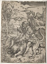 Samson Killing the Lion, c. 1496-1497. Albrecht Dürer (German, 1471-1528). Woodcut