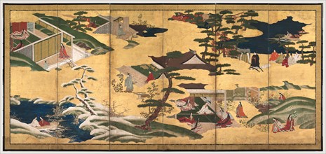 Scenes from the Tale of Genji, late 1700s. Tosa School (Japanese). Pair of six-fold screens; ink
