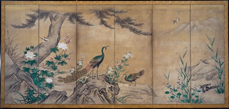 Birds, Trees, and Flowers, late 1500s. Attributed to Kano Shoei (Japanese, 1519-1592). Six-panel