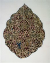 Tent panel of a dragon slayer, 1550-1599. Iran, Kashan, Safavid period. Velvet, cut, voided,