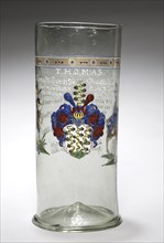 Beaker ("Welcome Glass") with Arms and Inscriptions, 1616. Germany, 17th century. Enameled glass;