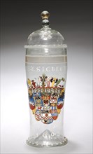 Covered Beaker (Humpen), 1693. Germany, 17th century. Enameled glass; overall: 36.9 x 10.4 cm (14