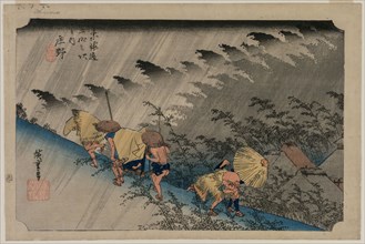Driving Rain at Shono (Station 46) from the series Fifty-Three Stations of the Tokaido, 1833. Ando