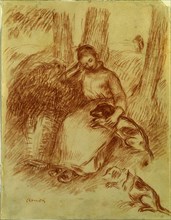 Peasant Girl with Dog, c. 1894. Pierre-Auguste Renoir (French, 1841-1919). Red chalk; sheet: 31 x