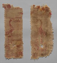 Two Fragments of Large Scale Roundel, 600s. Iran, 7th century. Compound twill; wool and cotton;