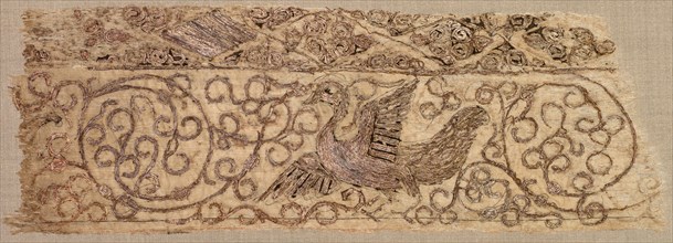 Embroidered fragment with bird among vines, 1100s. Iraq, Baghdad, Seljuq period. Plain weave: silk