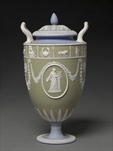 Covered Urn, c. 1900. Wedgwood Factory (British). Jasper ware with relief decoration; overall: 29.9