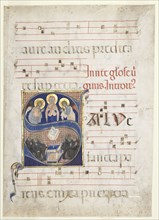 Initial S[alve sancta parens] with the Virgin Adored by Angels, and Singing Benedictine Monks:
