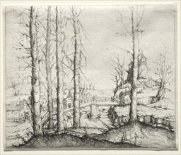 River Landscape with Five Bare Spruce Trees in the Foreground, 1549. Augustin Hirschvogel (German,