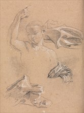 Verona Sketchbook: Figure with upraised right arm and drapery studies (page 68), 1760. Francesco