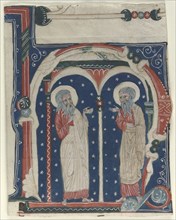 Historiated Initial (H) Excised from an Antiphonary: SS. Paul the Hermit and Anthony, c. 1200-1230.