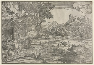 Landscape with Saint Jerome and Two Lions, c. 1530-35. Domenico Campagnola (Italian, 1500-1564).