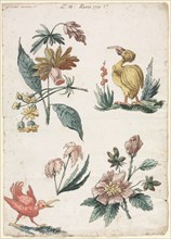 Floral Designs with Two Birds, 1774. Giacomo Cavenezia (Italian). Pen and brown ink, brush and