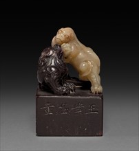 Seal with Two Qilin Playing, 1849. China, Qing dynasty (1644-1911). Onyx; overall: 5.7 cm (2 1/4 in