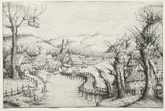 River Landscape with three bare willow-trees at right and a long winding wooden bridge at centre