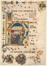 Leaf from an Antiphonary with Historiated Initial (H) with The Nativity (recto), early 14th Century