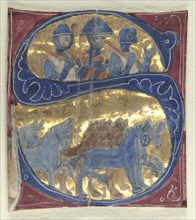 Historiated Initial (S) Excised from a Bible: Soldiers and Horses, 1200s. Italy, 13th century.