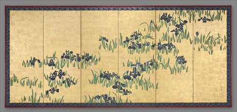 Irises, 1700s. Watanabe Shiko (Japanese, 1683-1755). Six-panel folding screen, ink and color on