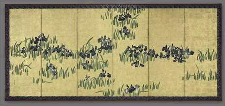 Irises, 1700s. Watanabe Shiko (Japanese, 1683-1755). Six-panel folding screen, ink and color on