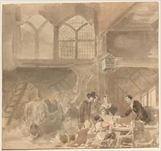 Interior of an Inn, 1800s. Anonymous. Watercolor and graphite