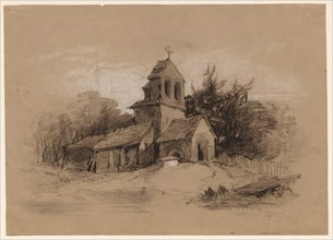 Church in a Landscape, 1800s. Henry Bright (British, 1810-1873). Charcoal and white chalk;