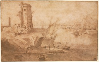 Landscape with Tower at Seashore, 1600-1614(?). Filippo Napoletano (Italian, c. 1587-c. 1629). Pen