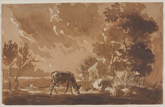 Landscape with Cattle (recto) Cattle (verso), second or last third 1800s. Jules Dupré (French,