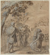 Ruth and Boaz, 1600s. Italy, 17th century. Pen and brown ink and brush and brown wash over black