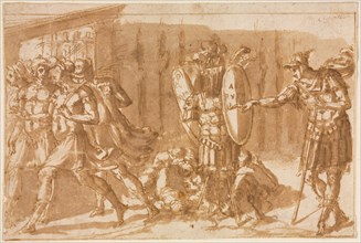 Victorious Soldiers with Trophy, 1550s. Pellegrino Tibaldi (Italian, 1527-1596). Pen and brown ink