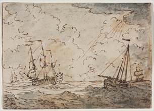 Ships at Sea, 17th century. Ludolf Backhuysen (Dutch, 1631-1708). Pen and brown ink and brush and