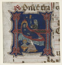 Fragment of a Choir Book with Historiated Initial (H): Birth of the Virgin, 13th Century. Southern