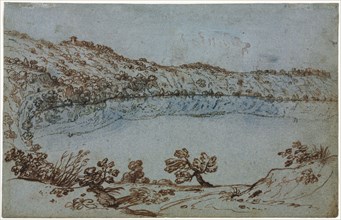 View of Lake Nemi, c. 1650. Italy, 17th century. Pen and brown ink with brush and blue wash