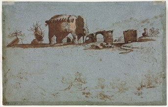 Small Group of Roman Ruins, c. 1650. Italy, 17th century. Pen and brown ink and brush and brown