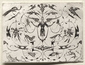 Arabesque with Peacock, Parakeet, Dogs and Insects, 1626. Valentin Sezenius (German). Engraving