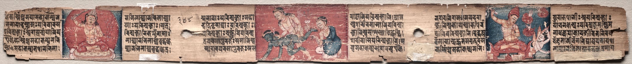 Leaf from Gandavyuha: Sudhana Battles a Demon with a Kneeling Monk, Manjushri, and Vajrapani, from