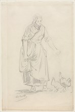 Peasant Girl Feeding Chickens, 1800s(?). Jean Baptiste Camille Corot (French, 1796-1875). Graphite;