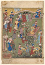 Royal Feast in a Garden, recto of left folio from the double-page frontispiece of a Shahnama of